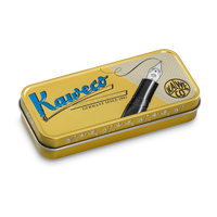 Yellow metal Kaweco pen case with a pen on a white background