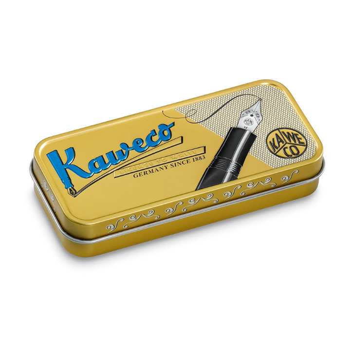 Yellow metal Kaweco pen case with a pen on a white background