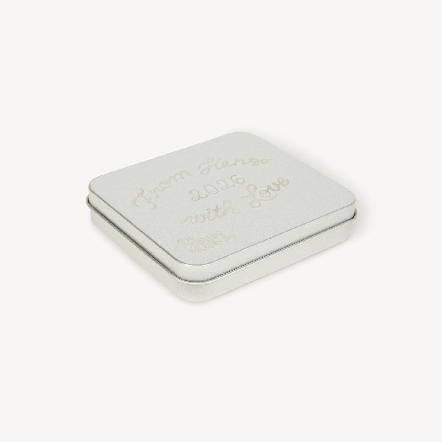 Silver jewelry box with a brand logo on a white background