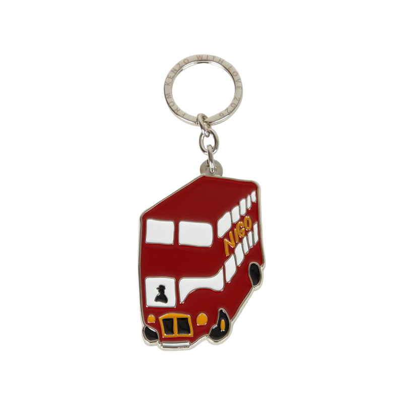 Keychain shaped like a red double-decker bus on a white background