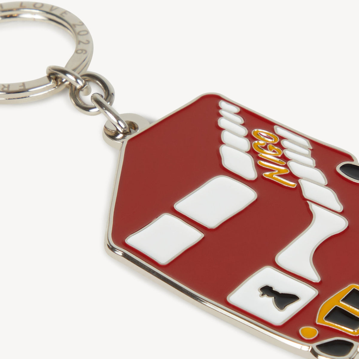 Red double-decker bus keyring on a white background