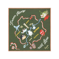 Green bandana with illustrations and text on a white background