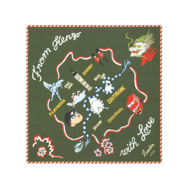 Green bandana with illustrations and text on a white background