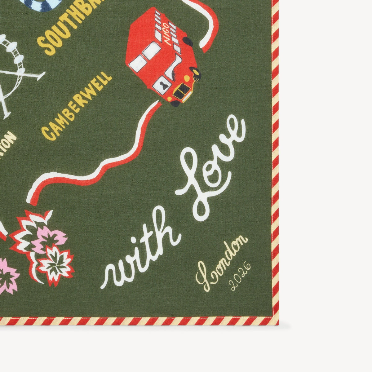 Green bandana with text and illustrations on a white background