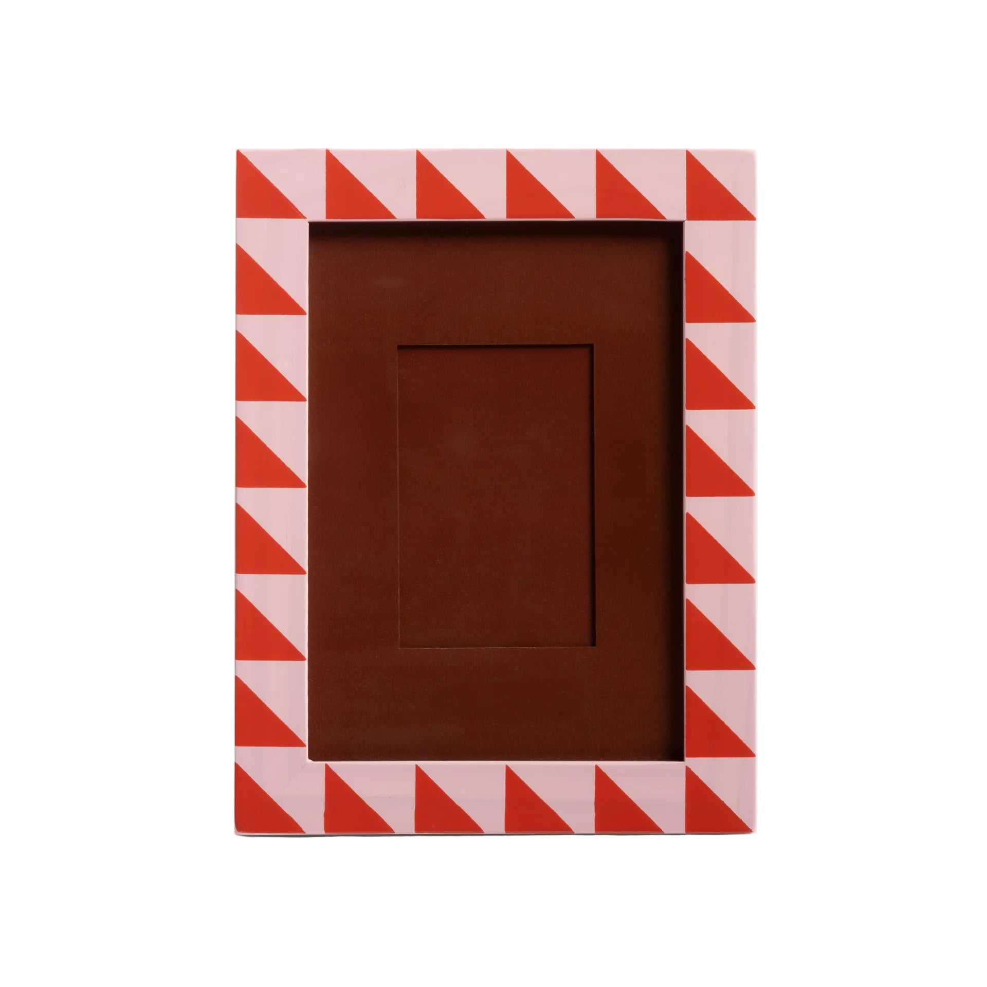 Rectangular photo frame with red and white chevron pattern on a light gray background