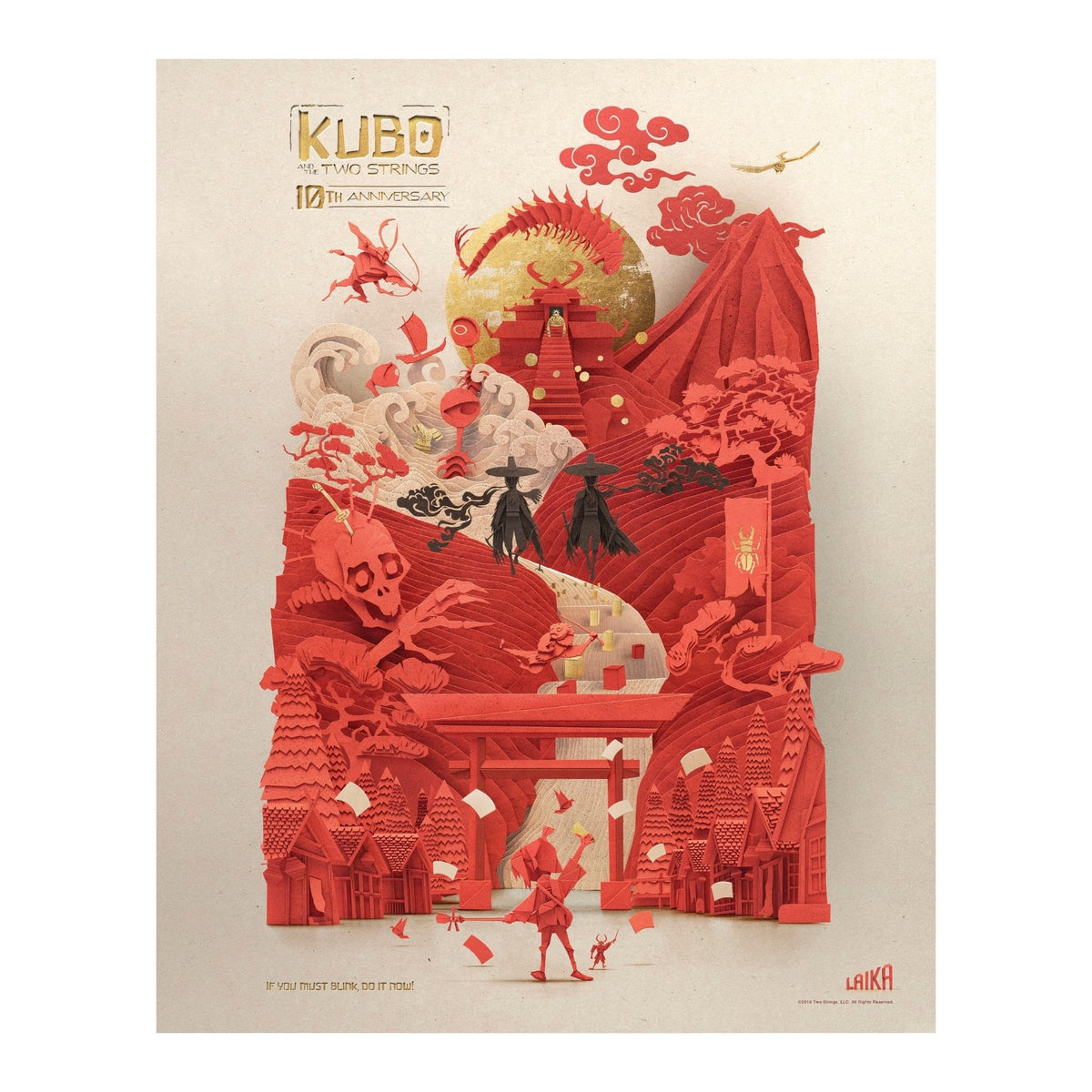 A stylized illustrated poster or art print featuring a red layered paper-cut scene with Japanese-inspired architecture, figures, clouds, and a large circular red form on a warm beige background. The text 'KUBO' appears at the top, and 'LAIKA' is visible in the lower right corner.
