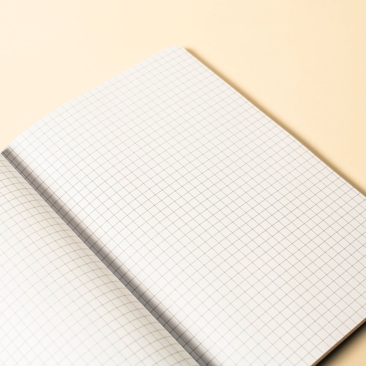 An open notebook with white graph paper pages on a warm beige background.