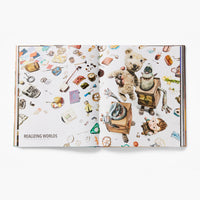 Illustrated book open to a page with cartoon characters and mechanical elements.