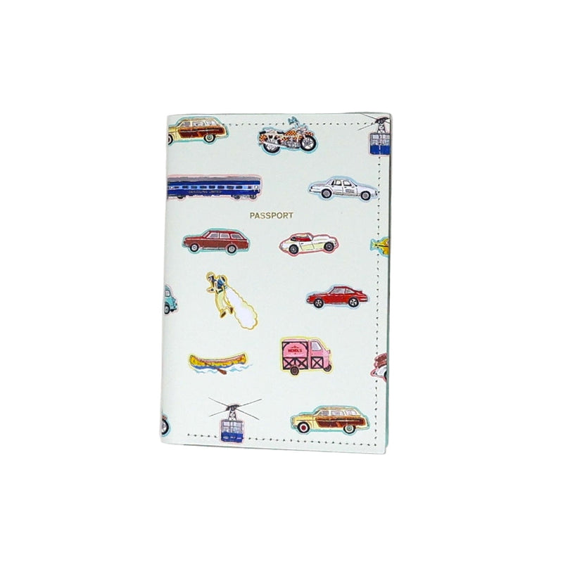 Passport holder with vehicle illustrations on a white background