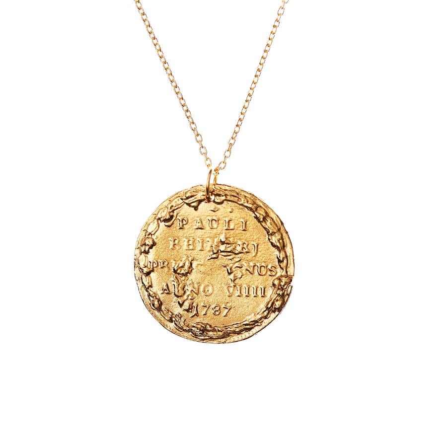 Lion gold necklace closeup.