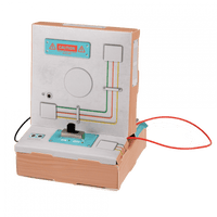 Small electronic device with wiring and a power switch on a green background