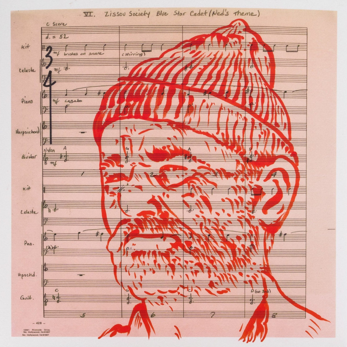 Red line drawing of a man's head on sheet music with 'Zisou Society' text.