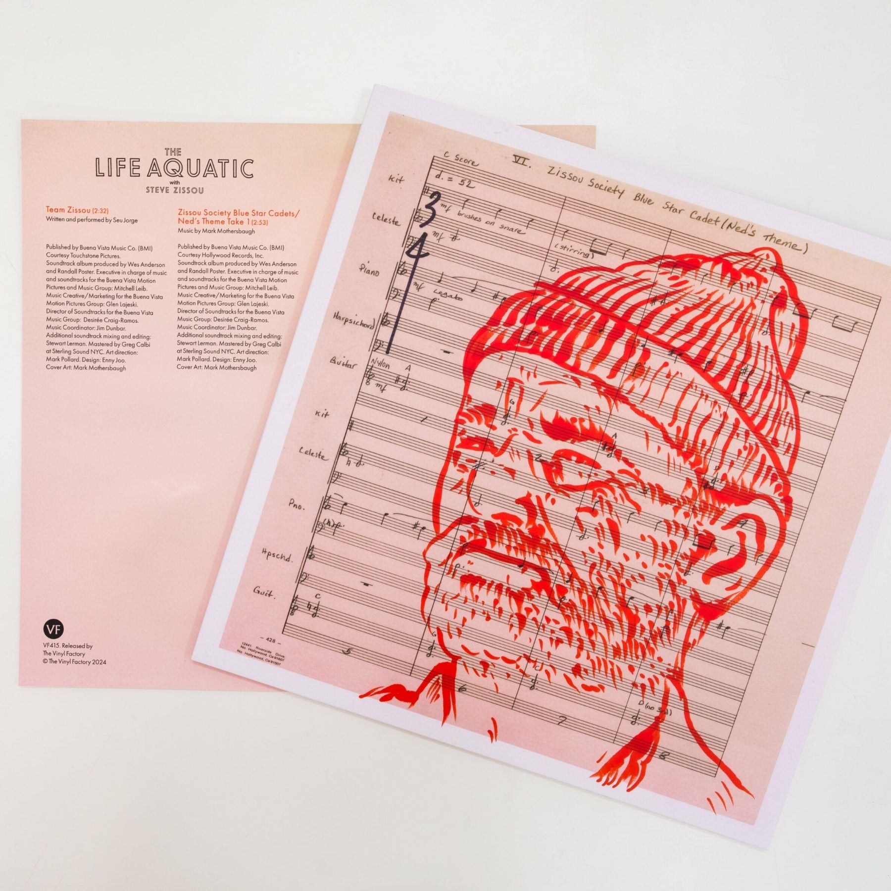 Greeting card with red illustration of a person wearing a beanie on sheet music background