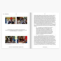 An open book spread showing printed text and several small inset photographs on white pages, photographed against a light gray background.