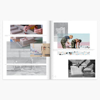 An open printed booklet or magazine spread showing multiple small photos and text panels related to masonry, bricklaying, and construction, photographed against a light gray background.