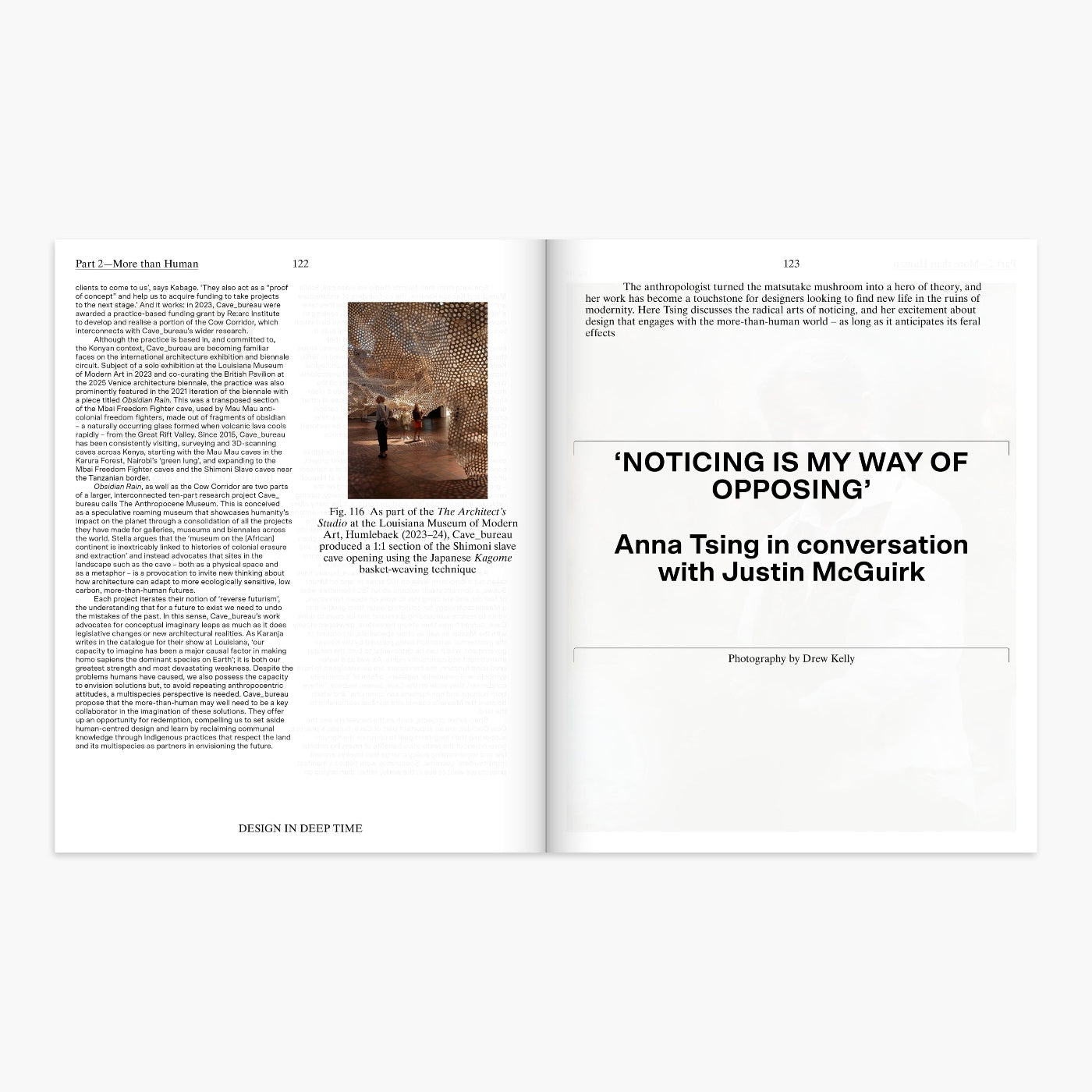An open book spread showing two printed pages with text and a small inset photograph, photographed against a light gray background.