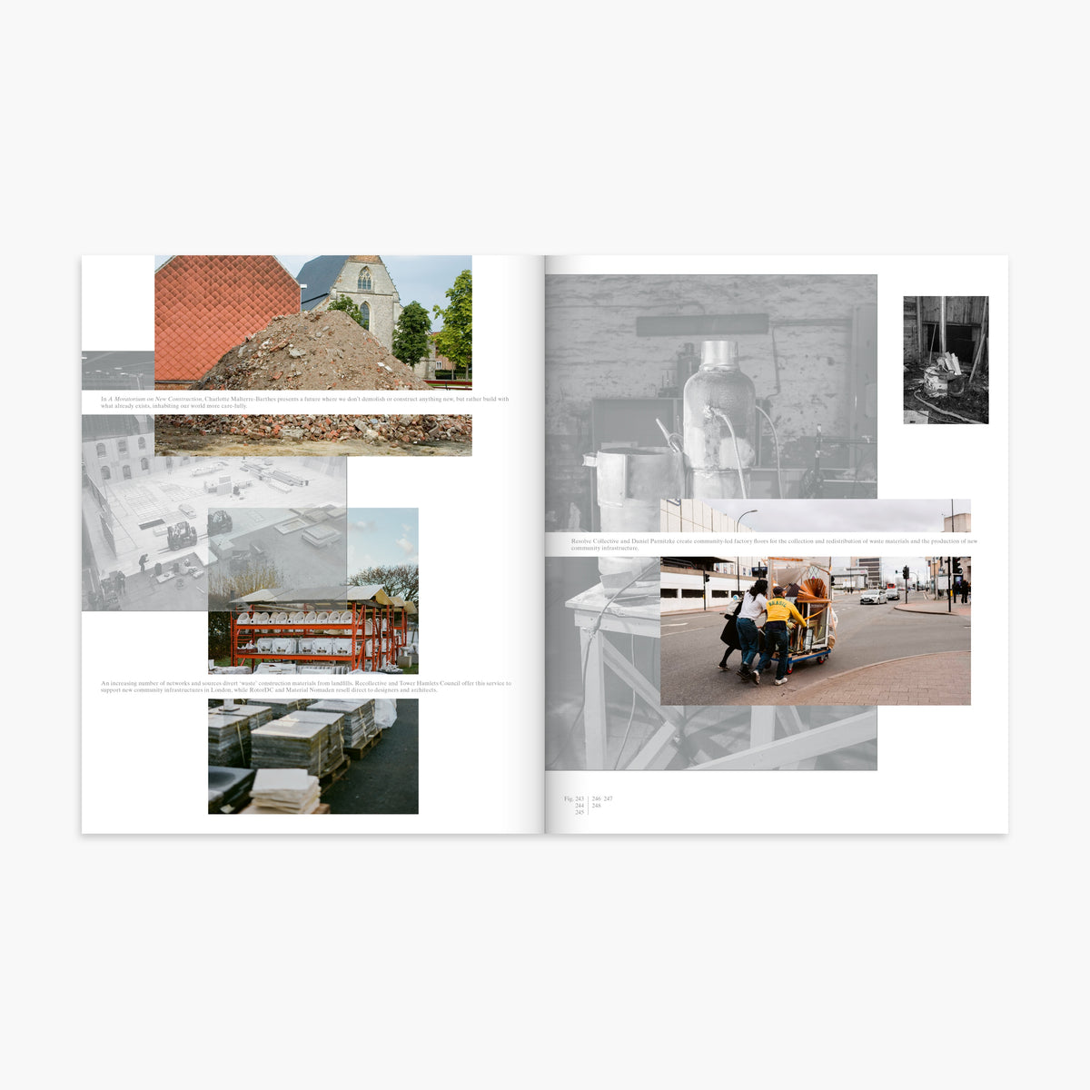 An open printed publication or brochure spread on a light gray background, showing multiple embedded photographs and text blocks across two pages.