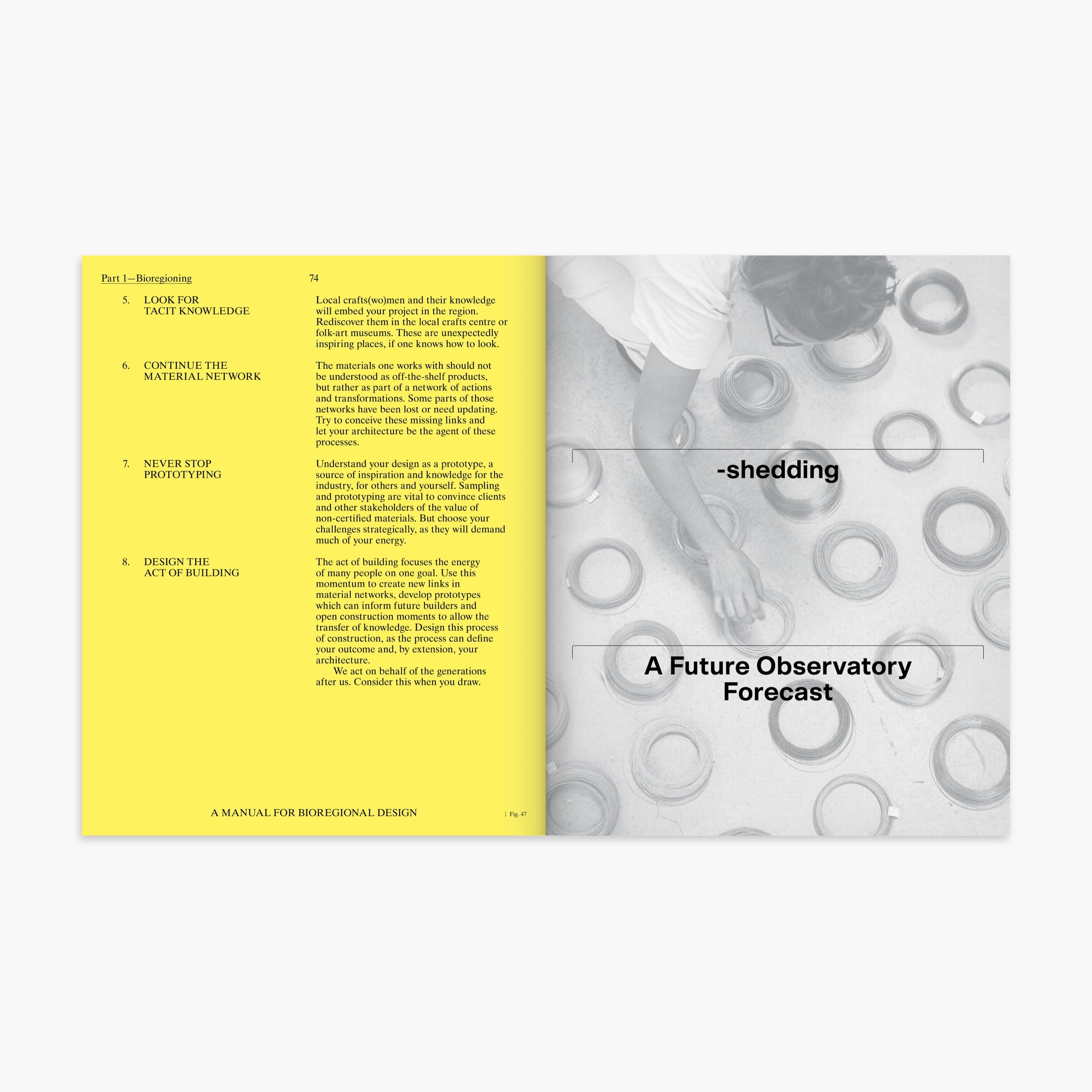 A two-page spread from a printed design manual, shown open against a light gray background. The left page is bright yellow with black text, and the right page is mostly white and gray with a photo of a person working with circular forms and the title 'A Future Observatory Forecast.
