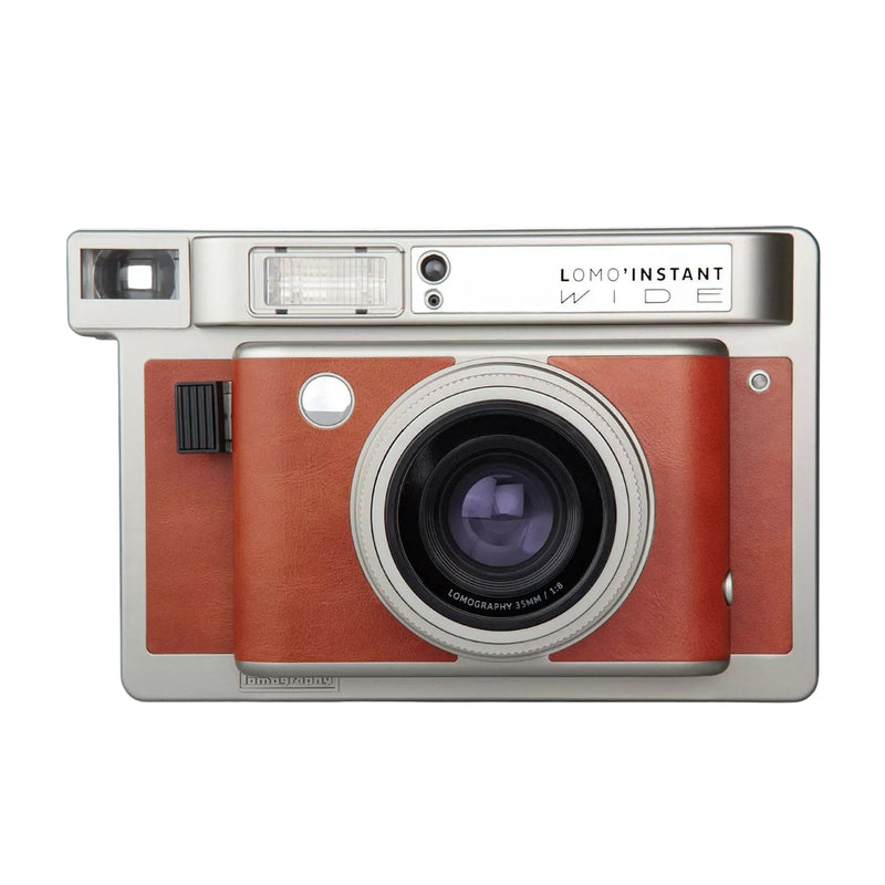 Red and silver LomoInstant Wide camera on a white background