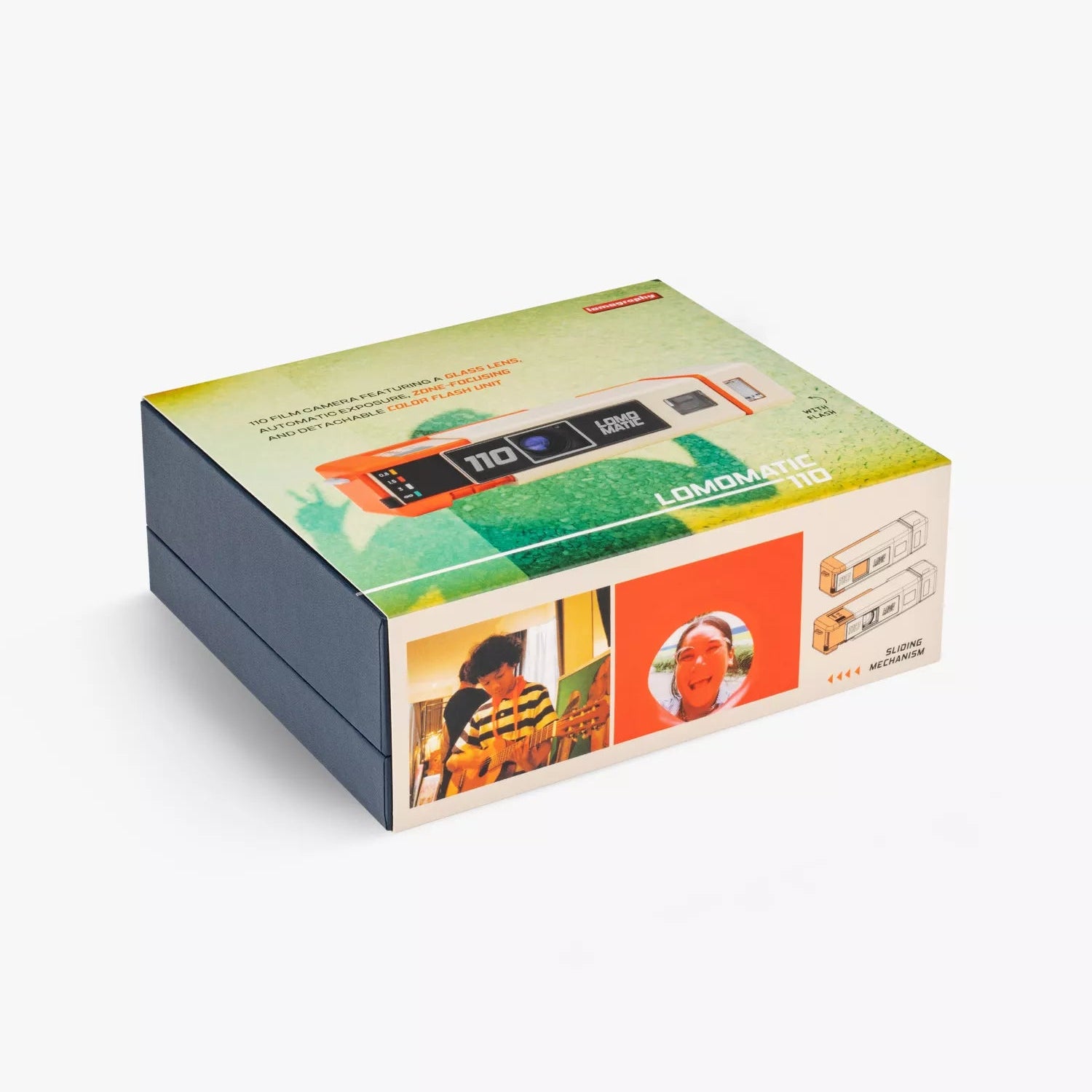 Lomomatic vintage camera box with colourful design on a white background