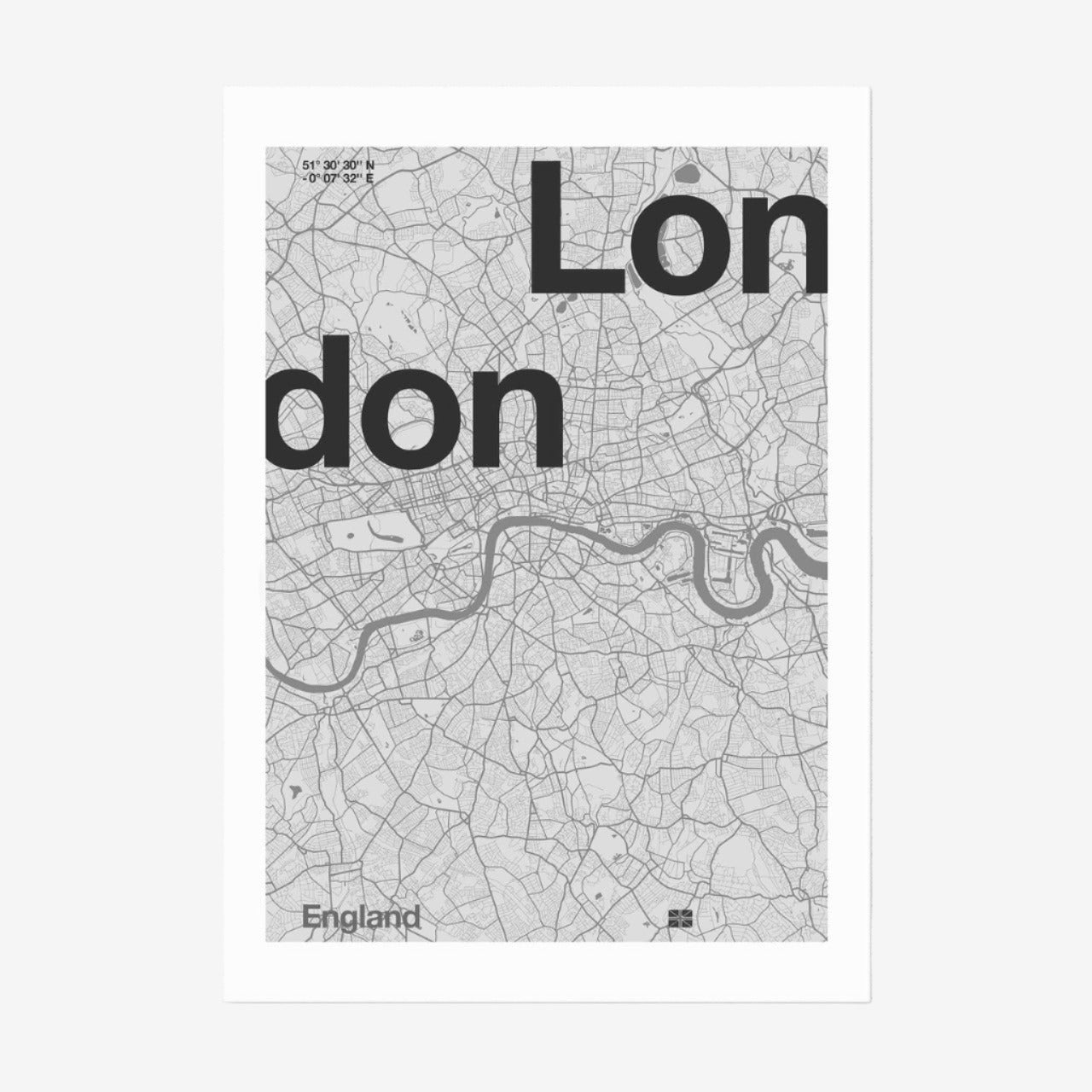 A black and white print of a map showing the London area with the word 'London' written across it, unframed.
