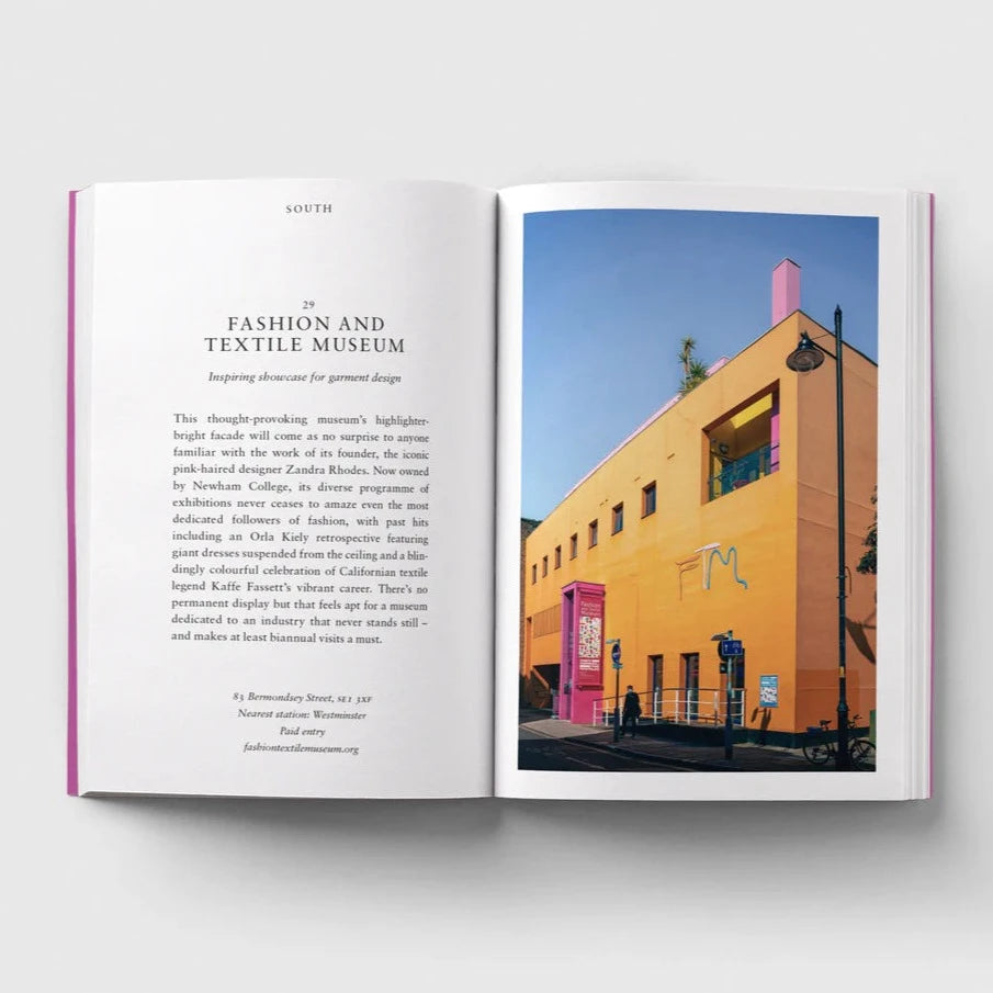 Open page of London Museums book featuring a photograph of the outside of the Fashion and Textile Museum.