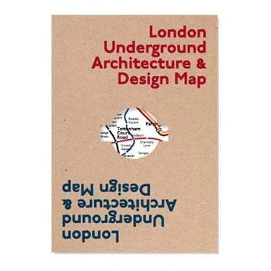 Cover of the 'London Underground Architecture & Design Map' showing the title in red and blue text on a brown background. 