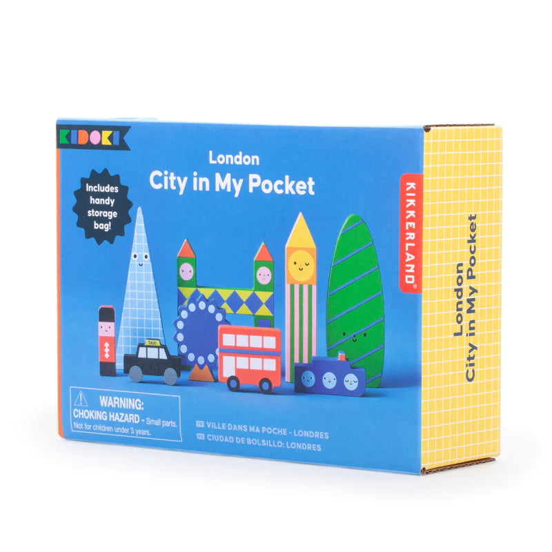 Blue box of London City in My Pocket Toy featuring a picture of colourful wooden blocks in the shape of London landmarks on the front.