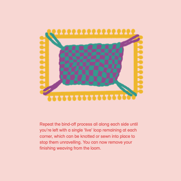Set of instructions on a pink background with a colourful illustration