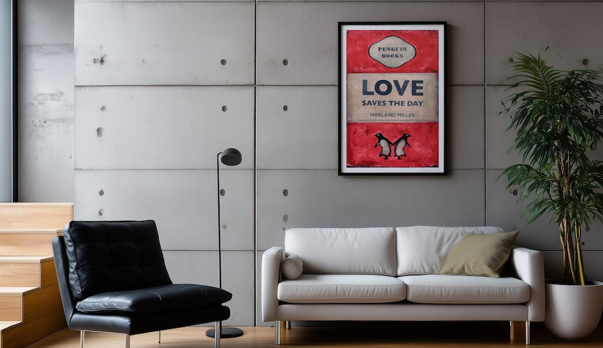 red poster on a living room grey wall