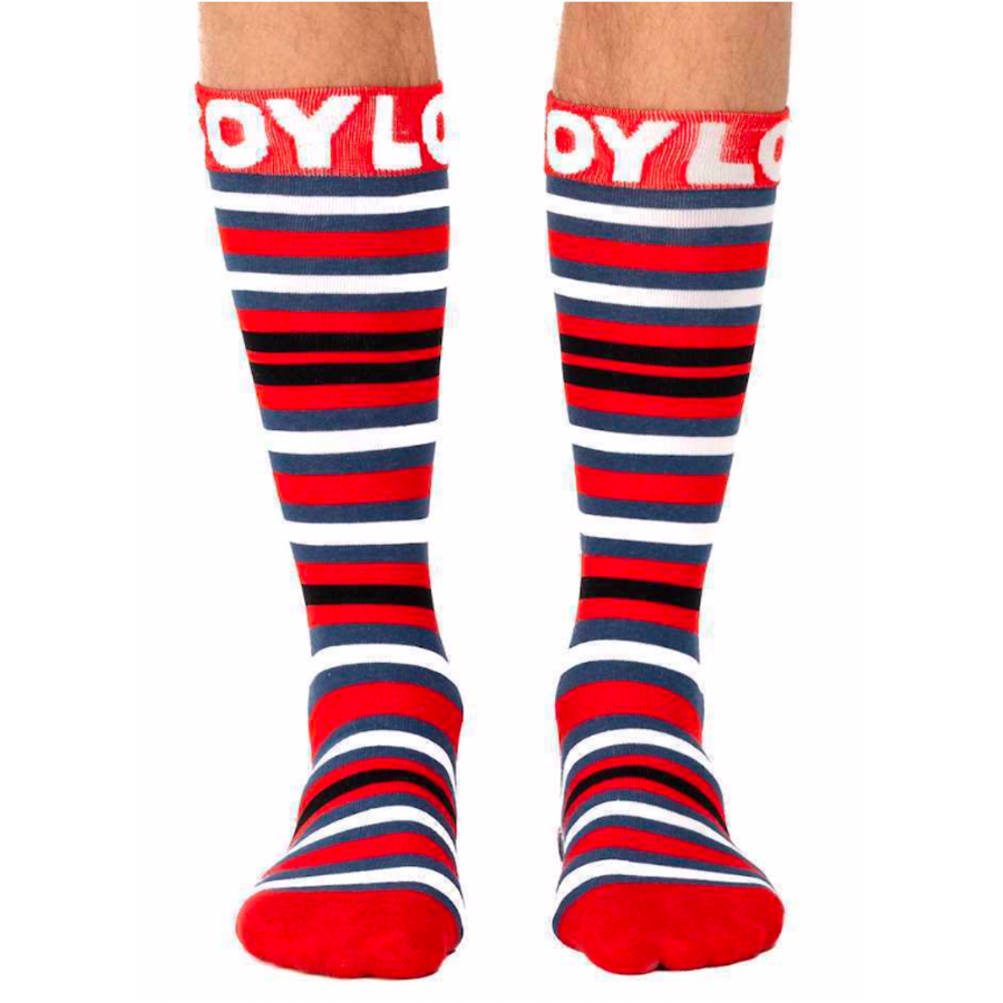 stripy socks in red, blue and black on feet