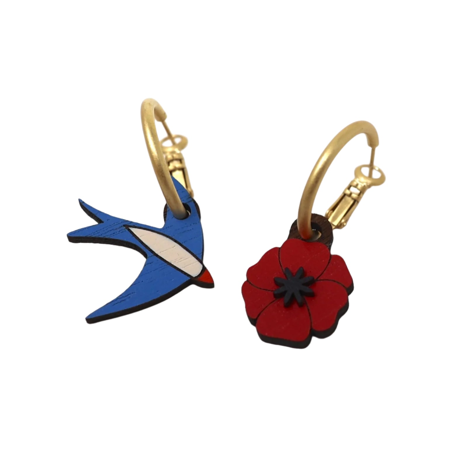 Pair of earrings with blue bird and red flower designs on a white background