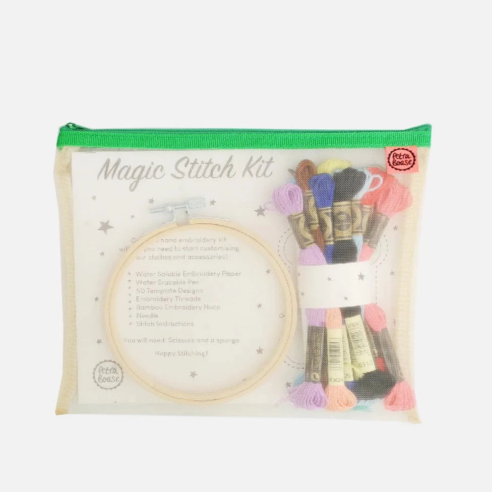 Packaged stitching kit visible through a clear plastic pouch, displaying colorful embroidery threads, a bamboo embroidery hoop, and other accessories.