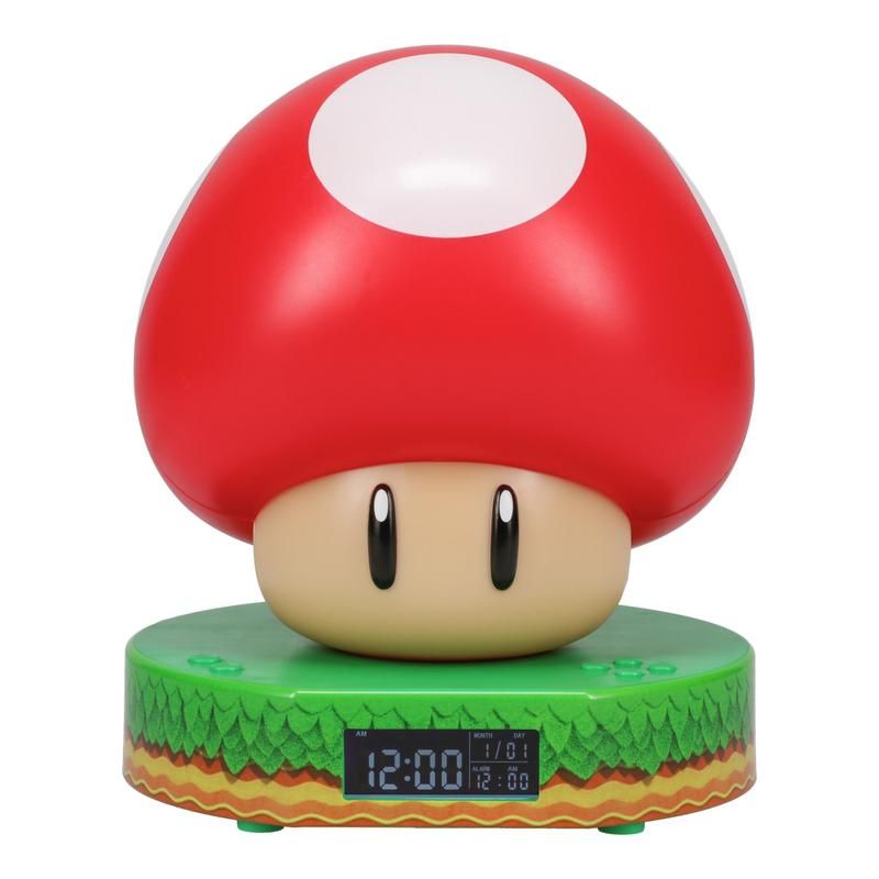 Red mushroom-shaped alarm clock with a digital display on a white background