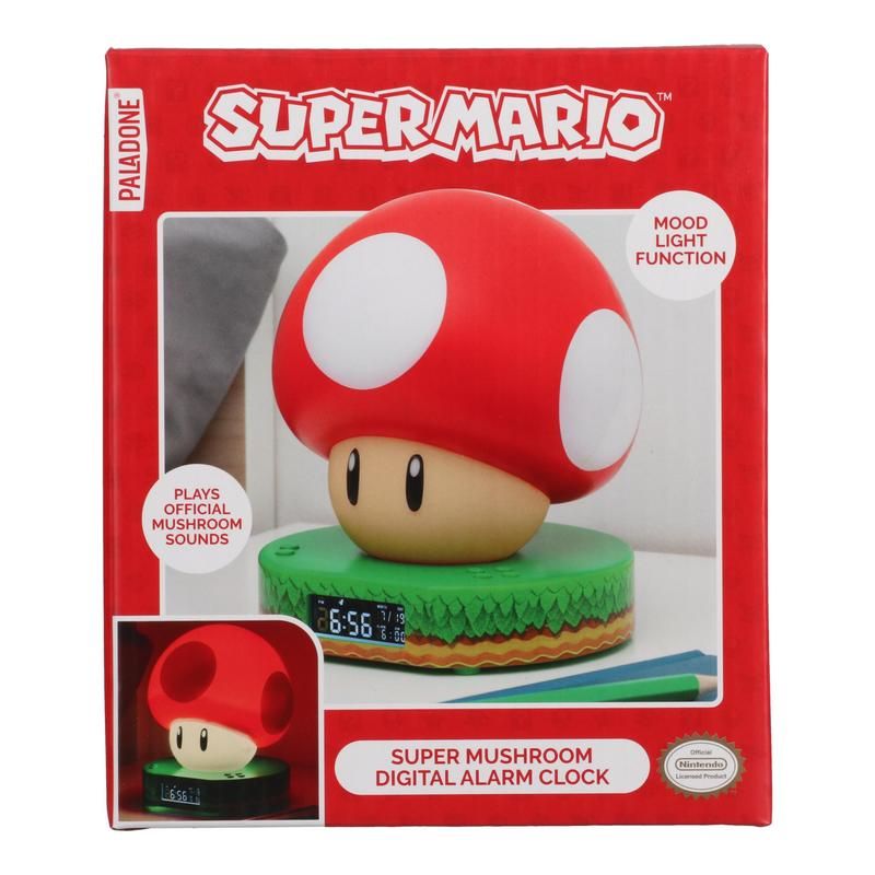 Super Mario mushroom-shaped digital alarm clock in packaging