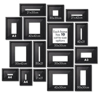 Multiple black picture frames of different sizes with measurements against a white background.