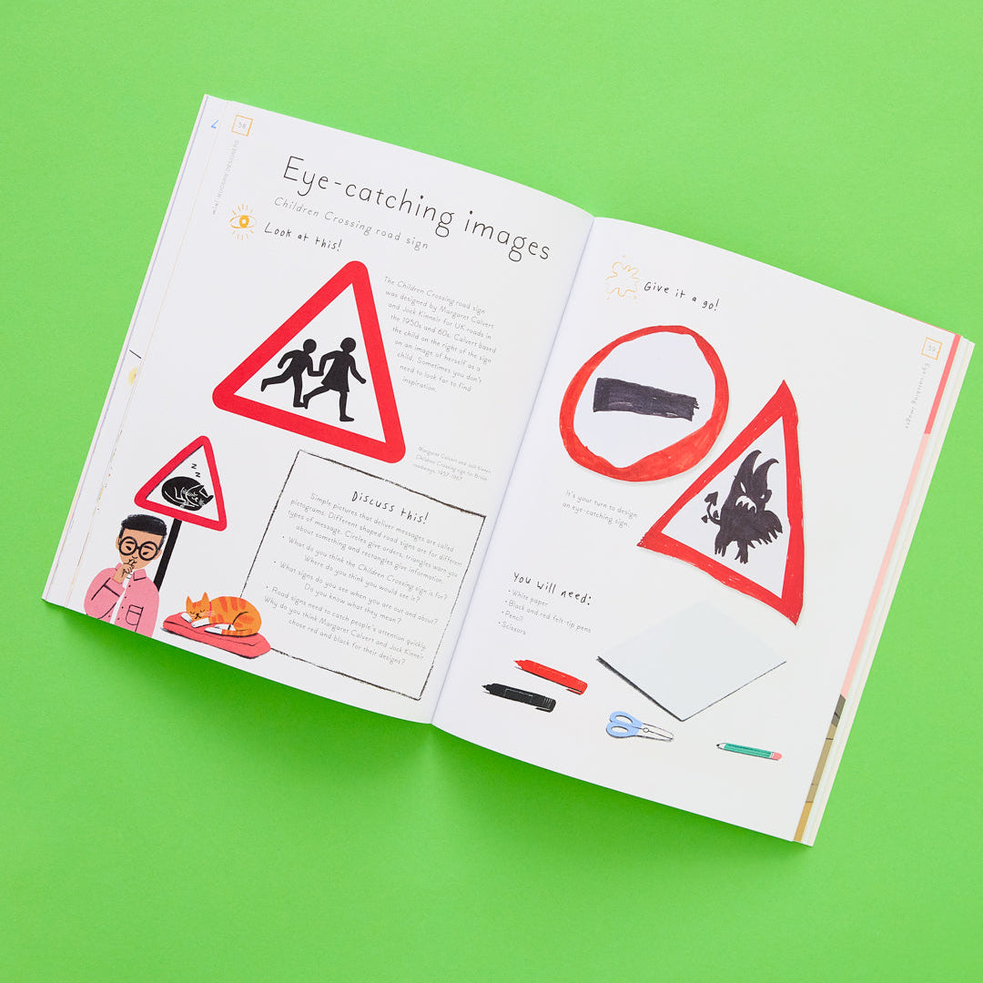 Open book with illustrations of traffic signs on a green background