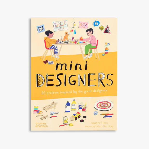 Book cover of 'mini DESIGNERS' with illustrations of children at a table and design elements.