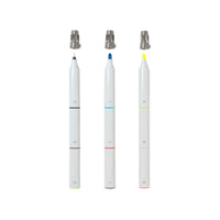 A set of three white modular markers with color accents in yellow, blue, and green, and featuring highlighter and fine tip variations.