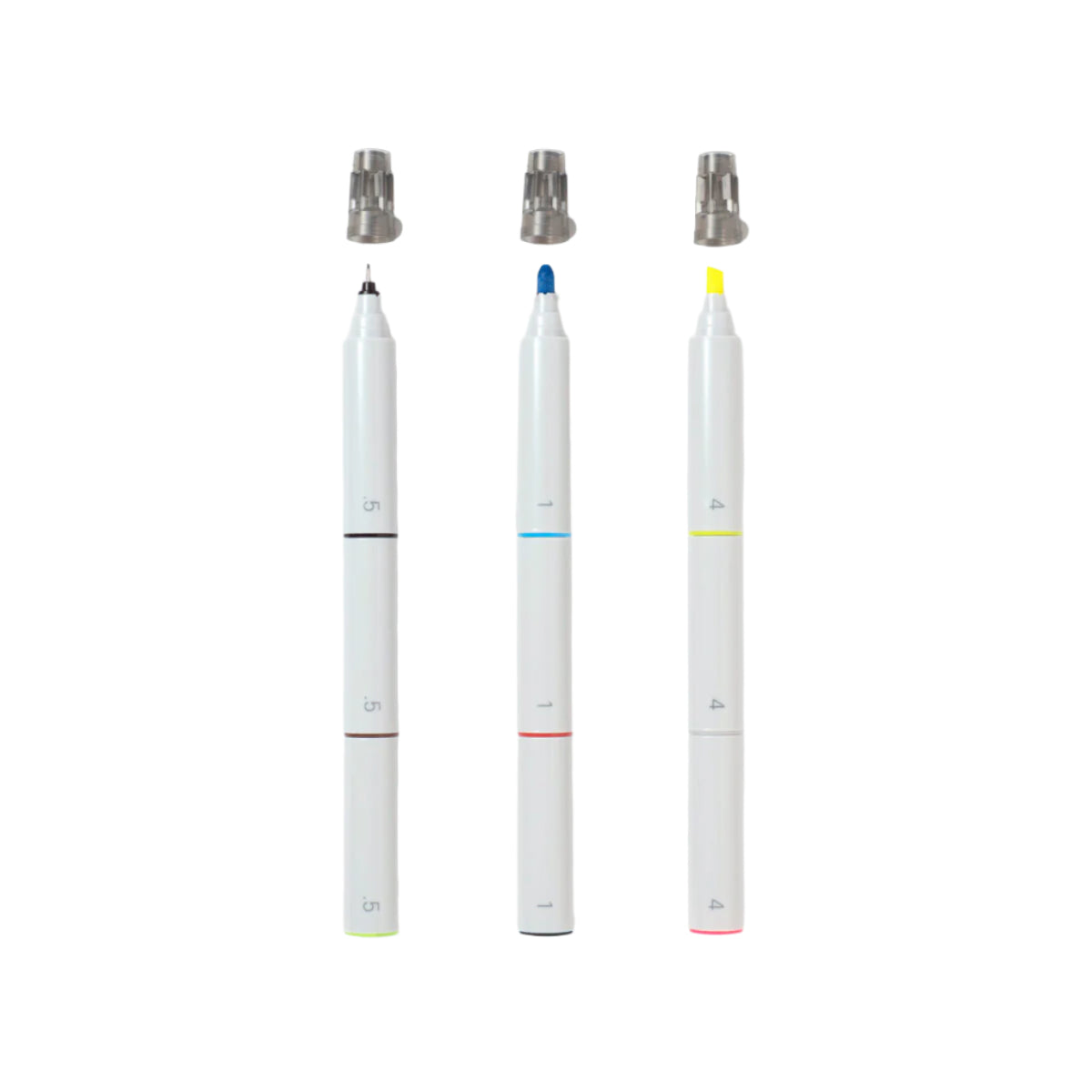 A set of three white modular markers with color accents in yellow, blue, and green, and featuring highlighter and fine tip variations.