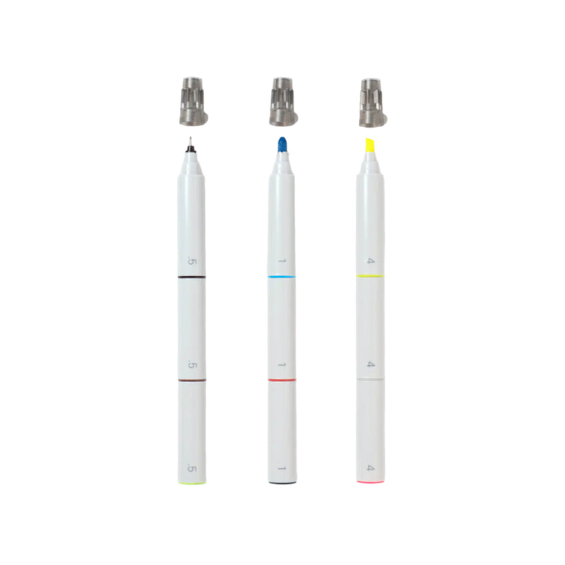 A set of three white modular markers with color accents in yellow, blue, and green, and featuring highlighter and fine tip variations.