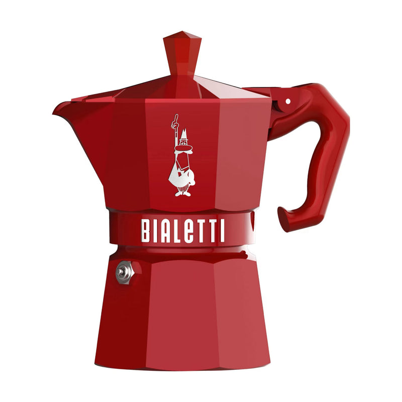A red Bialetti Moka Express coffee maker on a white background.