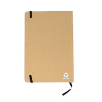 A light brown notebook with a recycling symbol on a white background