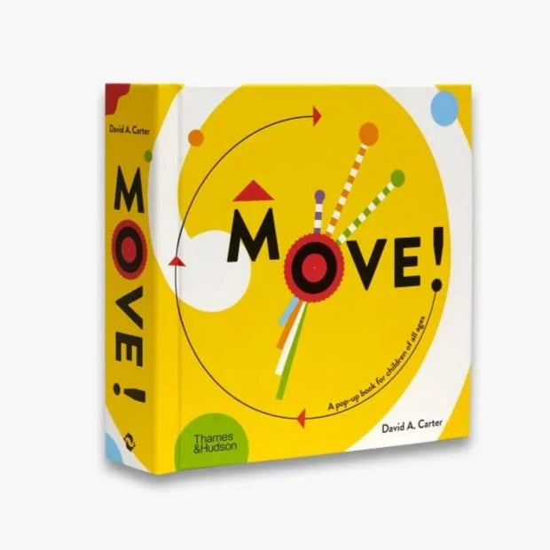 A vibrant yellow pop-up book titled 'MOVE!' by David A. Carter, featuring illustrations and design elements on the cover.