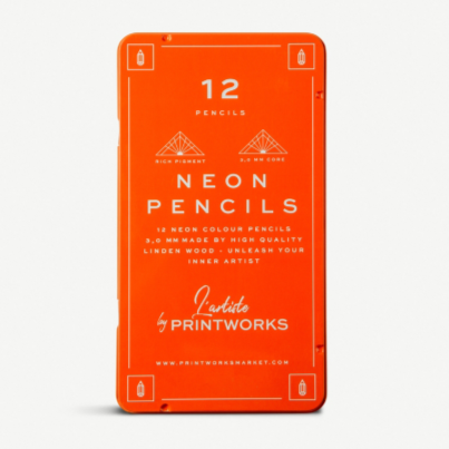 A pack of L'artiste Neon Colour Pencils by PRINTWORKS, containing 12 super soft color pencils in neon shades, displayed in an orange box with product information.
