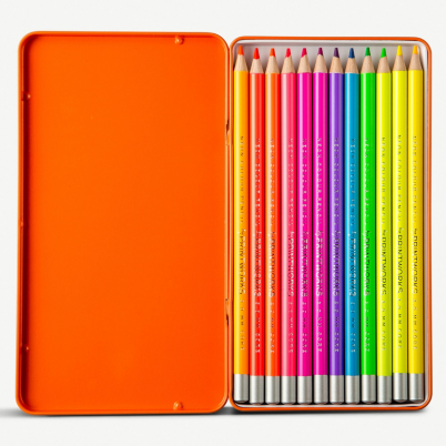 An orange tin with colourful neon pencils inside on a white background. 
