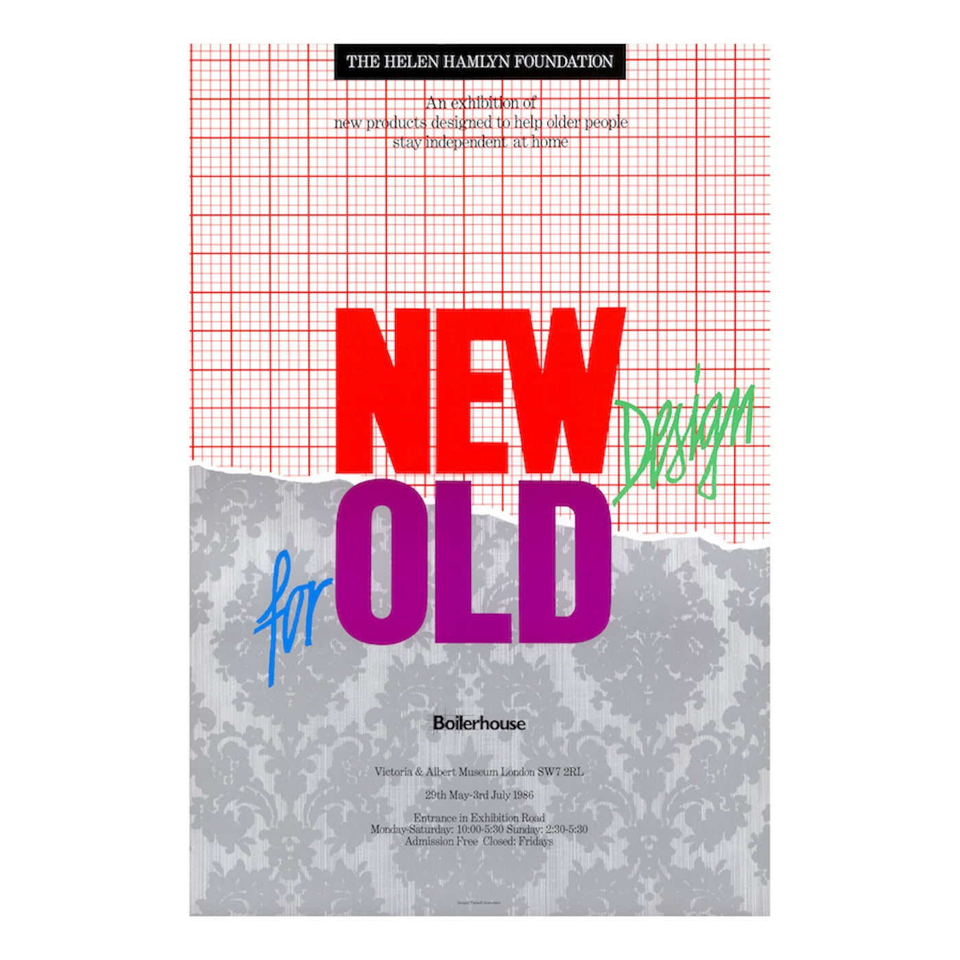 Poster with 'New Design for Old' text on a red grid and grey patterned background.