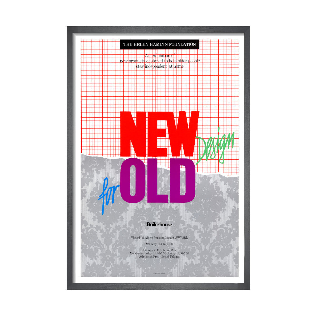 Framed archive exhibition poster for 'New Design for Old' showcasing a red grid patterned design with colourful text.