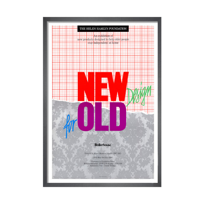 Framed archive exhibition poster for 'New Design for Old' showcasing a red grid patterned design with colourful text.