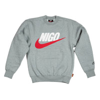 Gray sweatshirt with a red and white logo on a white background